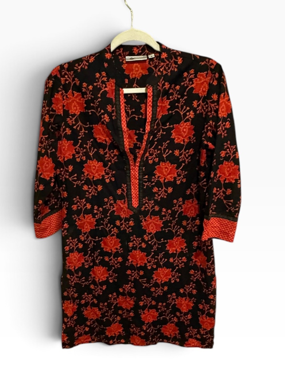 Westside Black Red Floral Cotton Kurta Tunic Top Boho India V Neck Sz S